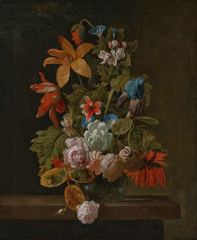 Simon Pietersz. Verelst - Tulips, roses, an iris and various flowers in a glass vase on a stone ledge