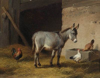 Esel und Hühner im Stall