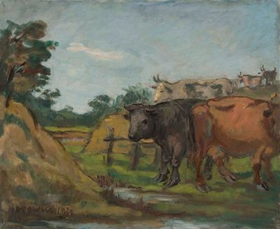 Three cows by a river