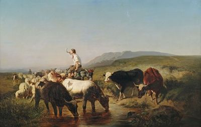 Vieh- und Schafherde mit eselreitendem Hirtenknaben in weiter Landschaft