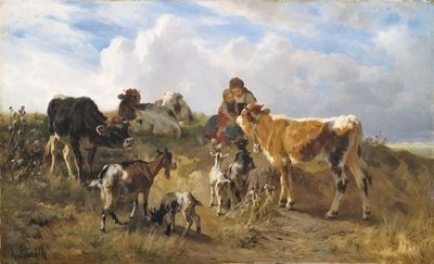 Hirtenidyll auf sommerlicher Weide mit Kühen und Ziegen