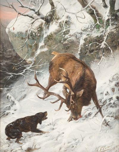 Hound catching a royal stag