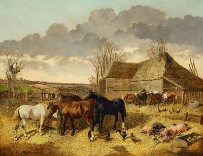 Horses Eating from a Manger with Pigs and Chickens in a Farmyard