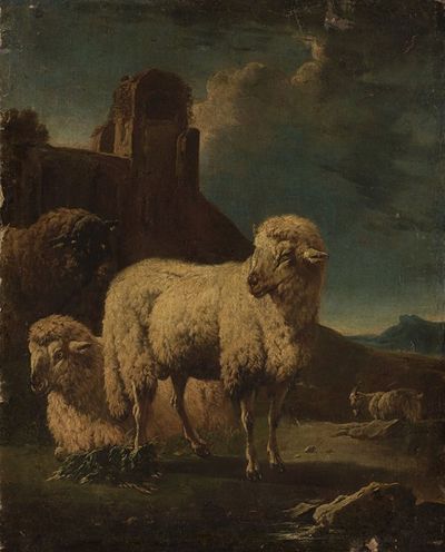 Rams with ruins in the background