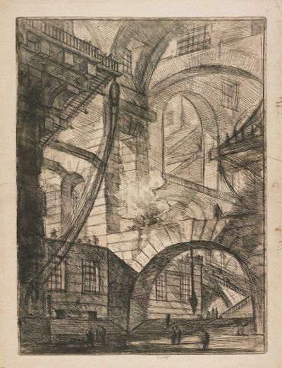 拱门透视图，带着冒烟的火焰，图版6，来自Carceri d'Invenzione