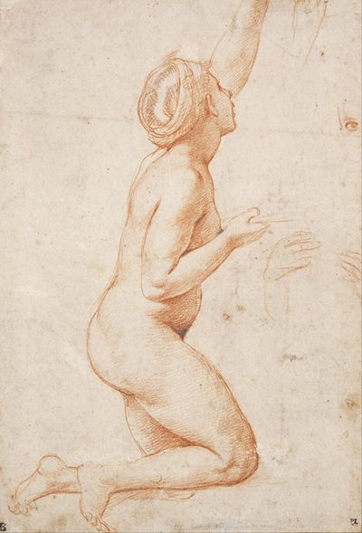 一个跪着的裸体女子，左臂抬起