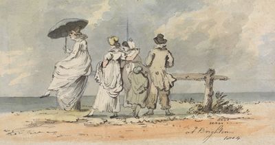 1804年在布莱顿；三个女人，孩子和男人望着大海
