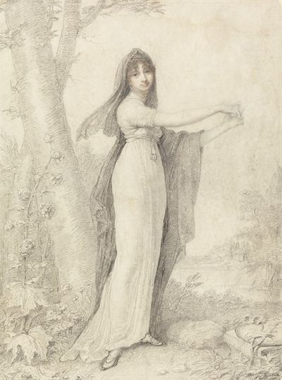 一位女士站在湖边的肖像
