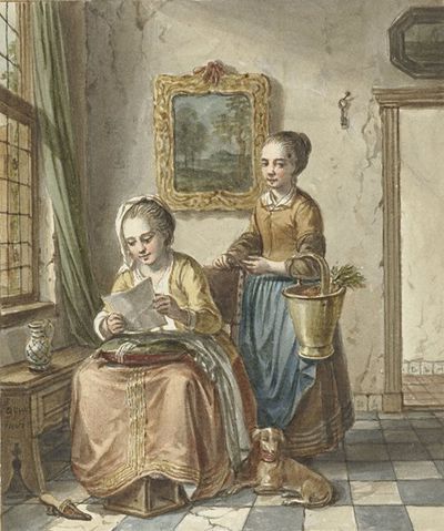 坐着的女人和女仆在读一封信