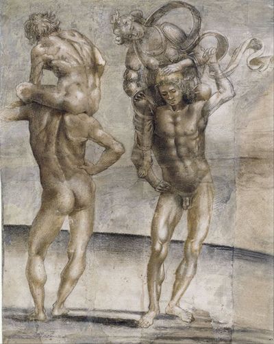 两个裸体的年轻人背着一个年轻女人和一个年轻男人