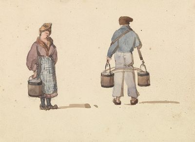 巴黎生活素描；女人和男人提着水桶