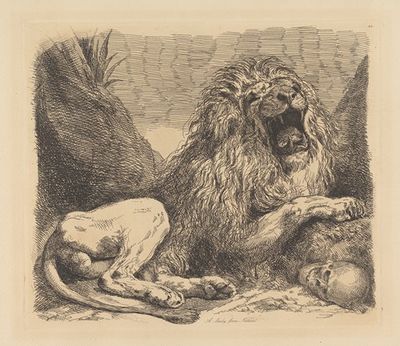 来自大自然的习作；一头狮子在岩石中咆哮，一个人类头骨在右下方