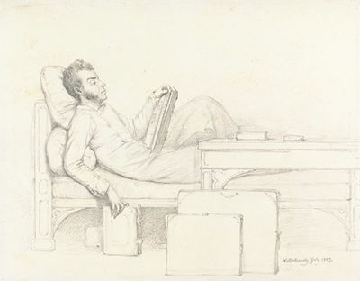 艺术家躺在哥特式沙发上看书的自画像