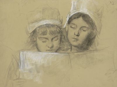 两个戴白帽子的女孩在看书