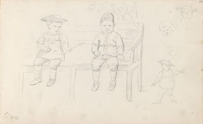 两个男孩坐在长椅上。儿童研究
