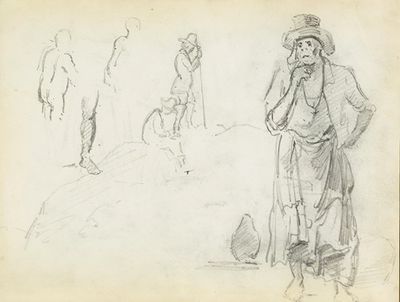 男人用手托着下巴，画着男人的侧影和一条腿