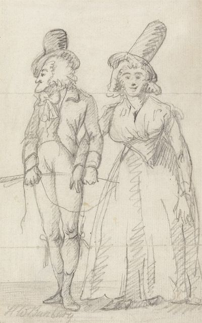 一个长下巴的男人挽着手臂和一个戴着高帽子的肥胖女人