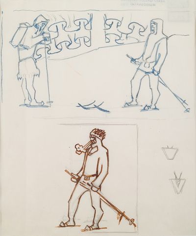 《大卡莱瓦拉》，第1页草图，滑雪者相遇。