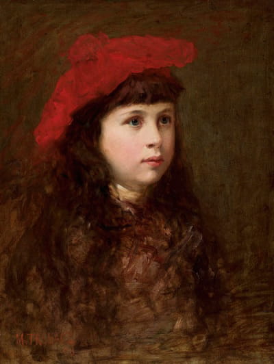 一个戴红色贝雷帽的女孩的肖像