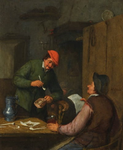 两个农民在客栈抽烟、喝酒、看书