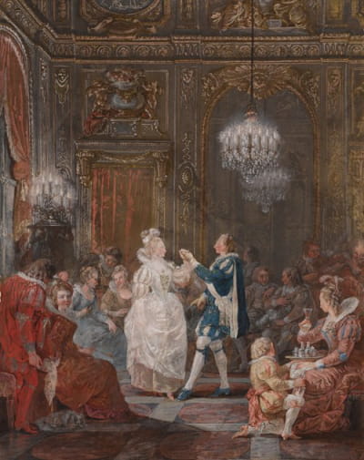 在路易十六的室内，一对夫妇在烛光和火炬的照射下跳小步舞曲