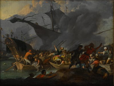1571年的莱潘托战役（Battle of Lepanto），前景是拥挤的船只和奋力上岸的士兵
