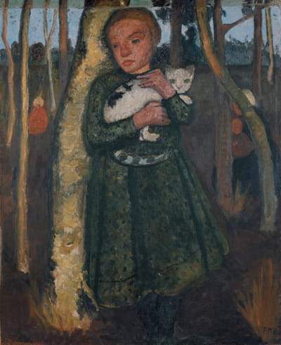女孩和猫在白桦林
