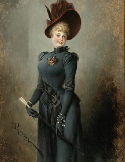 一位身穿黑色连衣裙、戴着勃艮第帽和雨伞的女士的肖像
