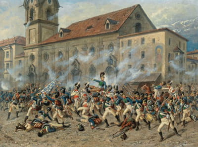 卡尔·弗赖赫尔·冯·迪特福在因斯布鲁克医院教堂前与蒂罗尔人战斗