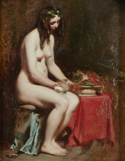 坐着的裸体女性，头发上插着鲜花，身边有静物