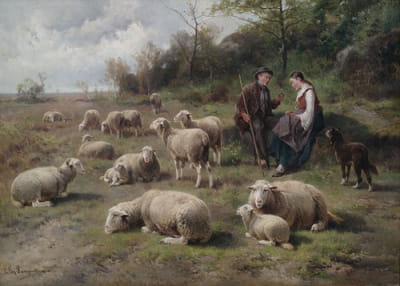 牧场景观中牧羊夫妇与牛群