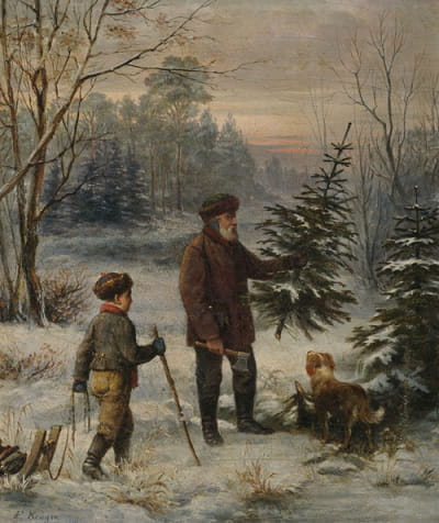 平安夜。父亲和儿子在冬天的森林里砍树