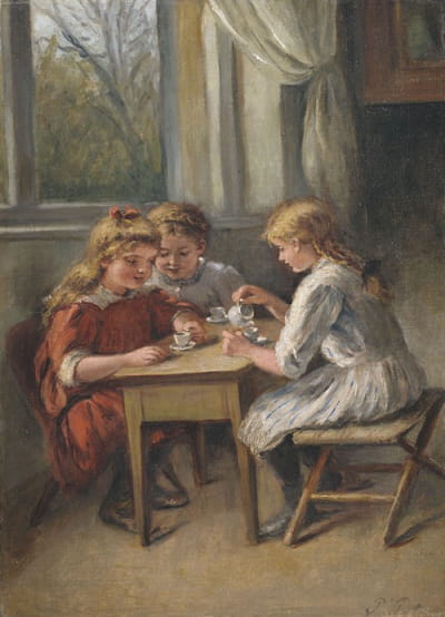 咖啡聊天 三个女孩喝儿童咖啡