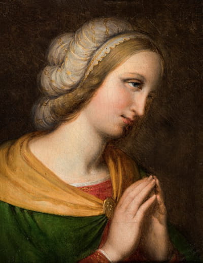 一位祈祷妇女的头像和肩膀。佩鲁吉诺画作的复制品