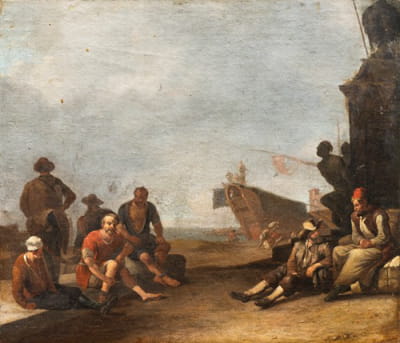 位于利沃诺的Southern港口，有商人和囚犯，一艘船和费迪南·德·美第奇雕像