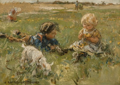 风景：孩子们和山羊在田野里玩耍
