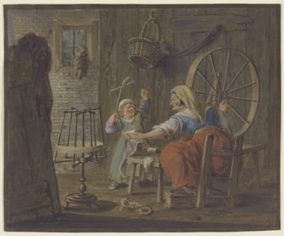 一位老妇人在一个孩子和一只鸟一起时绕纱线