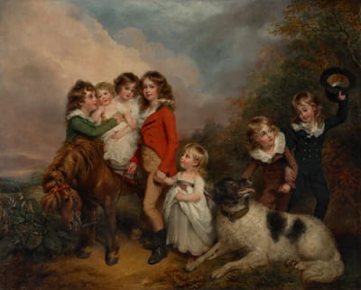 Benjamin Goldsmid的孩子们的肖像，一匹小马和一条狗在风景中