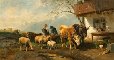 高山牧场上的牧羊女和她的牛群