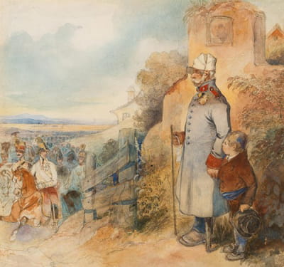 阿斯彭战役胜利后，祖父和孙子穿着将军的制服观察奥地利的卡尔大公