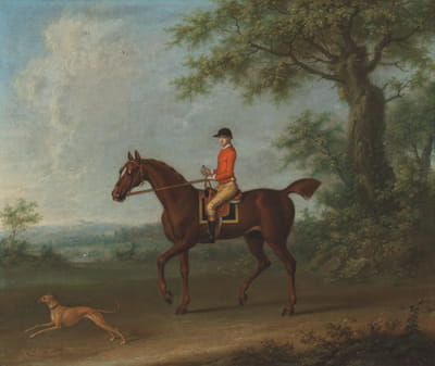 塞得伯里，骑着骑师，一只灰狗在一片广阔的树林中，远处还有两座乡村别墅