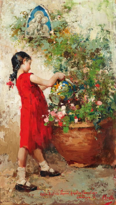 一个正在浇花的年轻女孩