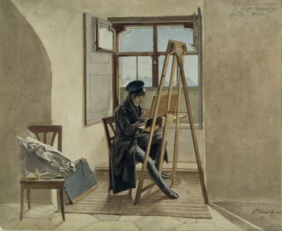 画家约翰·亚当·克莱因（Johann Adam Klein）在维也纳Chotek宫工作室的画架上
