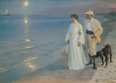 夏天晚上在斯卡根海滩。画家和他的妻子