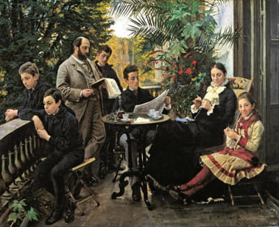 赫希斯普龙家族画像。从左起依次为Ivar、Aage、Heinrich、Oscar、Robert、Pauline和Ellen HIrschsprung