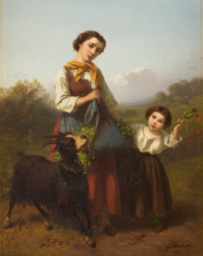 带孩子的年轻女牧羊人