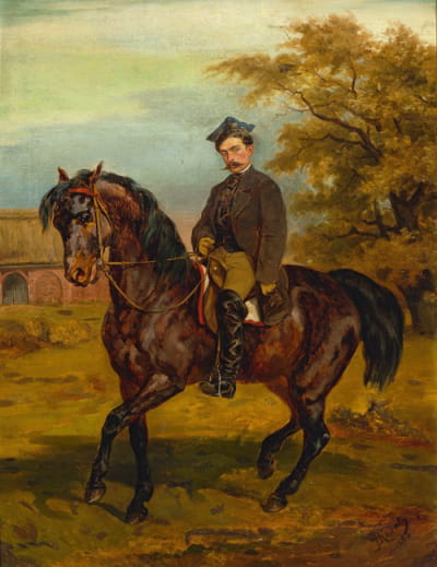 一个戴着尖顶帽子的骑手的肖像