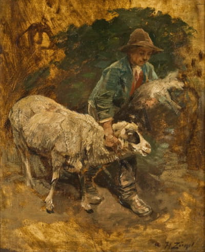 一个带着羔羊和绵羊的牧羊男孩
