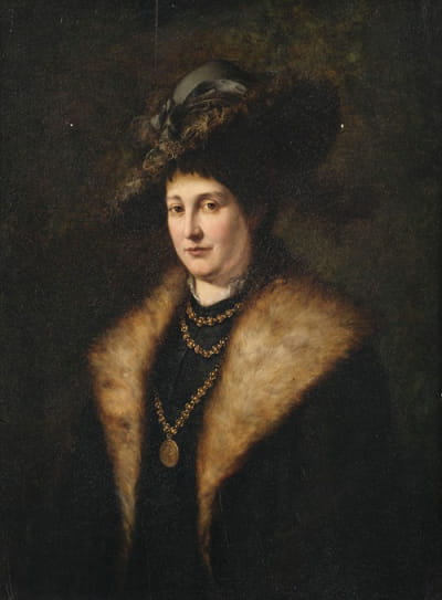 一位女士的肖像，身穿深色连衣裙，皮毛镶边大衣