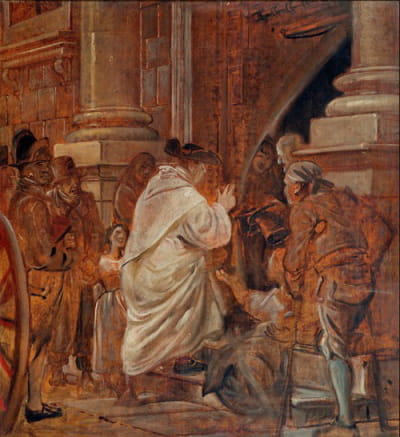红衣主教在教堂门口为乞丐祈福